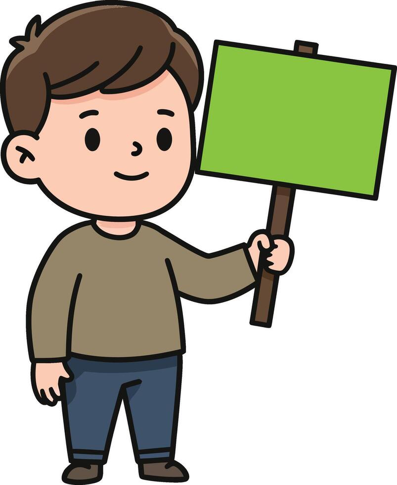 Young boy smiling while holding a green sign in a simplistic, flat design style showcasing cheerful expression in illustration vector