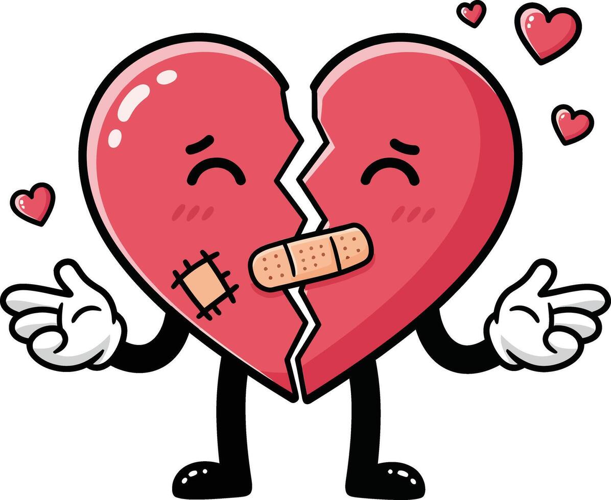 A cute cartoon heart character with arms and a bandage, expressing love and empathy in a flat illustration style, surrounded by smaller hearts in a cheerful scene art vector