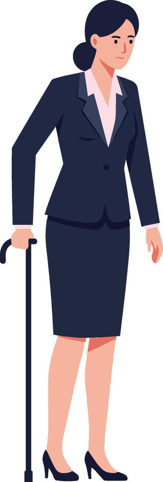 Confident businesswoman in a tailored suit using a cane standing elegantly, flat design illustration vector