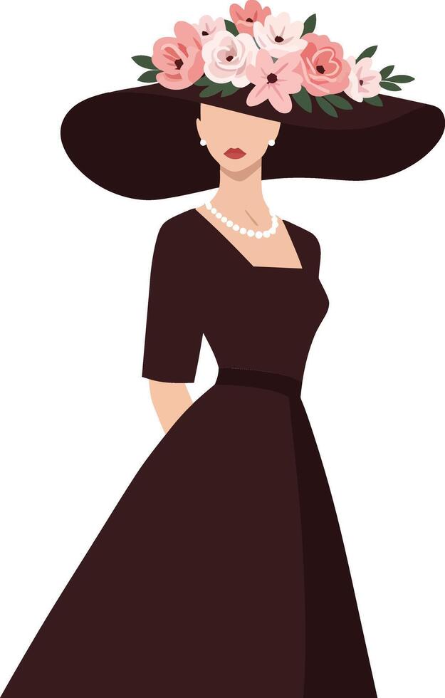 Elegant woman in a black dress wearing a large floral hat in a minimal style illustration vector