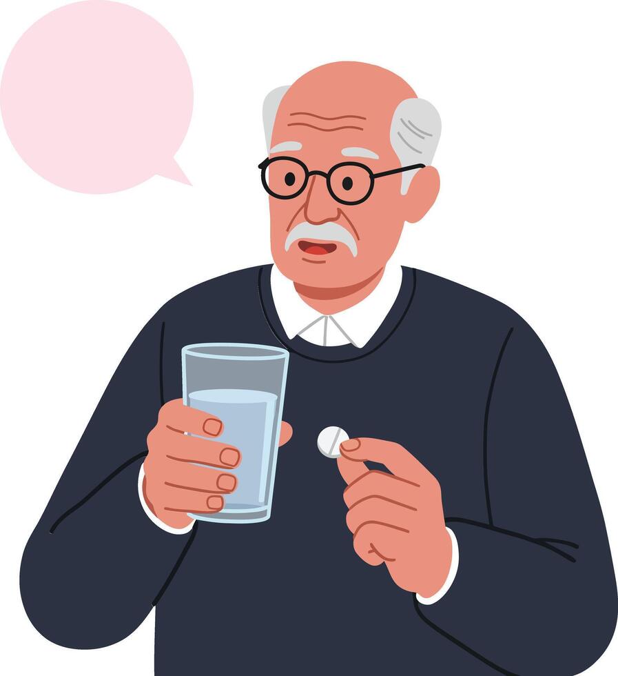 Elderly man holding a glass of water with a pill, minimal illustration depicting a thoughtful moment, conveying health and wellness in art vector