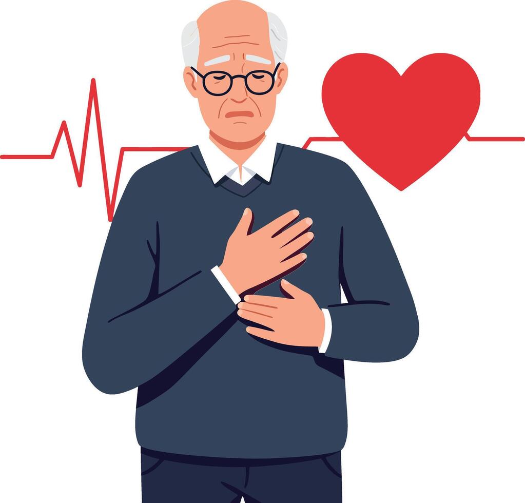 Elderly man in a blue sweater holding his chest, expressing concern, with a heartbeat line and heart symbol in flat illustration vector