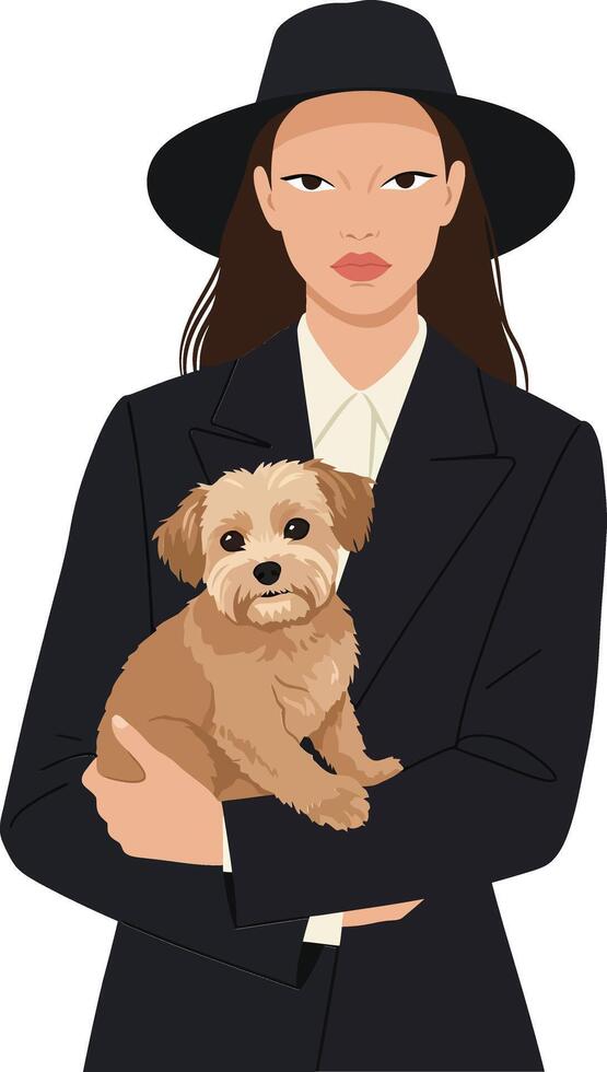 A stylish woman holding a small dog while wearing a black hat and chic outfit in minimal illustration vector