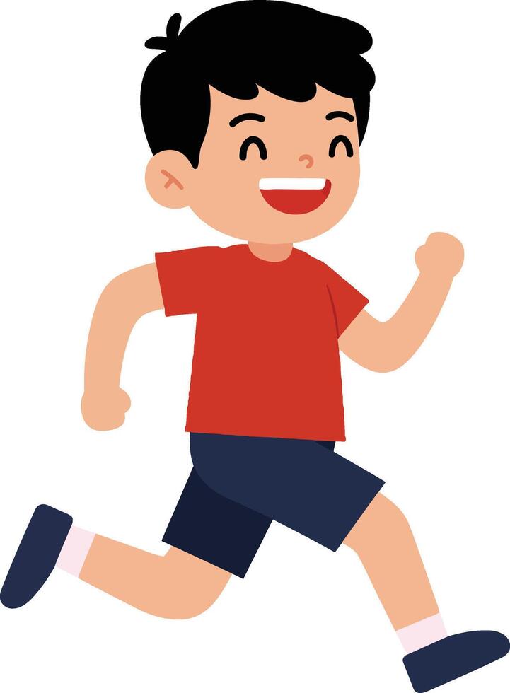 A cheerful young boy in a red shirt and blue shorts joyfully running with a big smile in a flat illustration vector