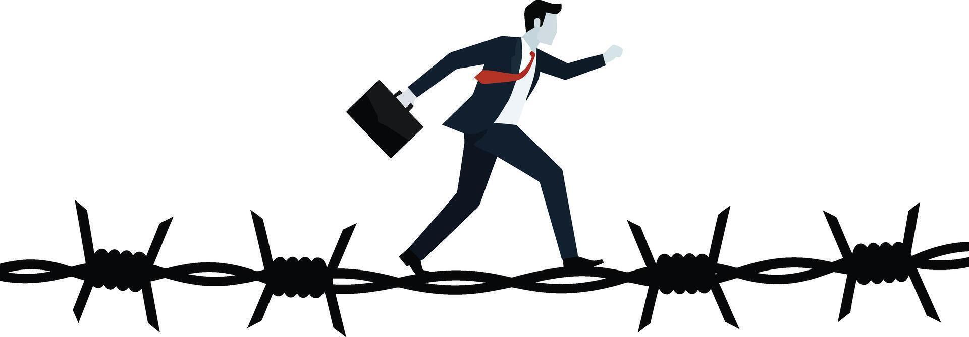 Businessman in a suit running across barbed wire in a flat, minimal design illustration showcasing determination and struggle in a challenging environment vector
