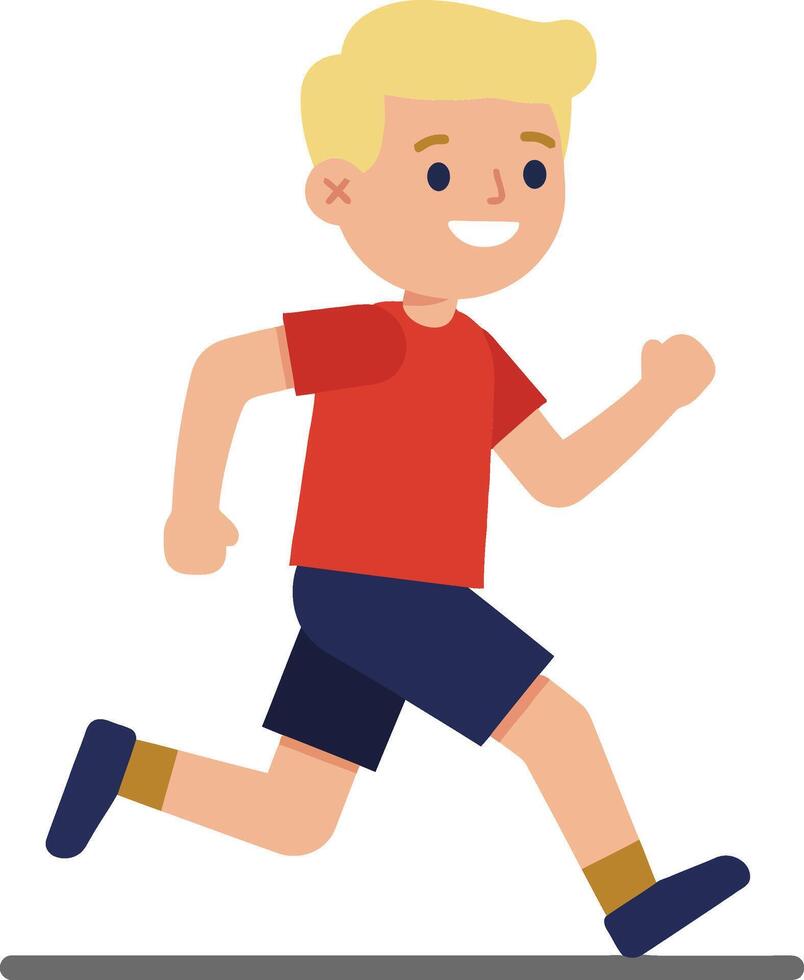A cheerful boy running energetically in a red shirt and blue shorts with a minimal flat design style illustration vector