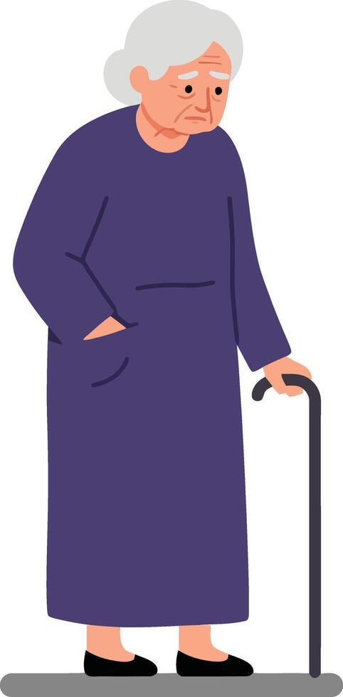 Elderly woman in a long purple dress holding a cane, exhibiting a thoughtful expression in a minimal illustration vector