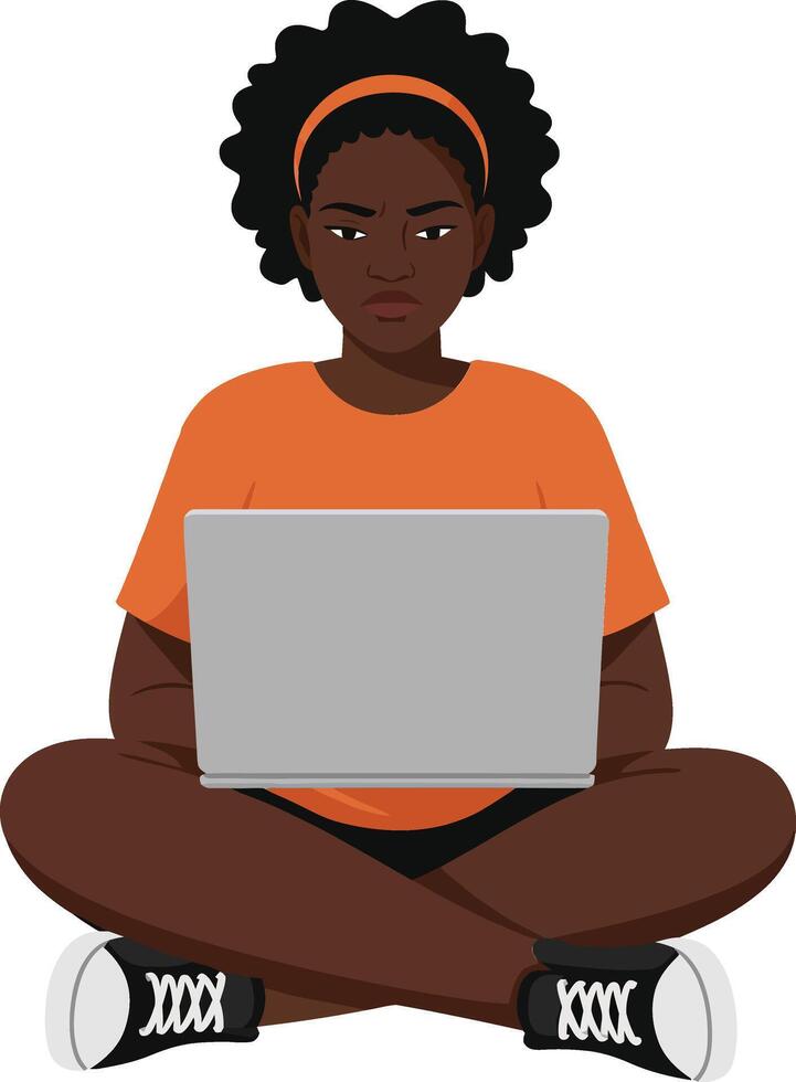 Young woman sitting cross-legged on the floor with laptop in a minimalistic style illustration vector