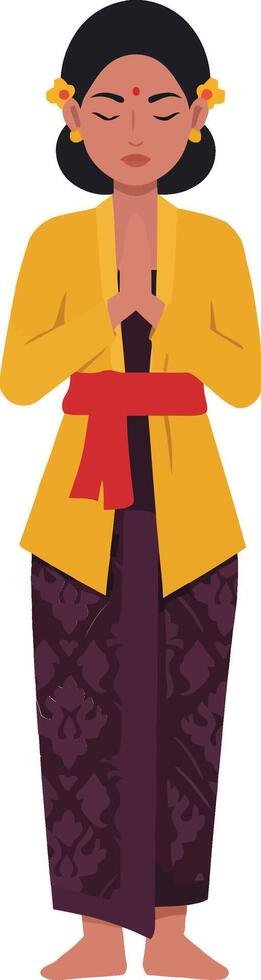 Woman in traditional attire standing with hands together in prayer, showcasing a minimalistic design style, perfect for cultural themes in art vector