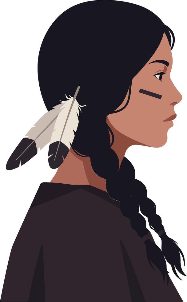 A young woman in profile with braided hair and white feathers, showcasing minimalistic design style in warm tones, illustration vector