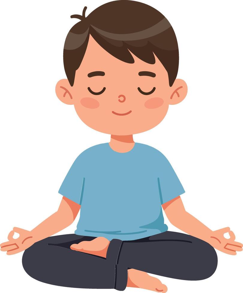 Young boy practicing mindfulness with closed eyes in a serene pose, flat design illustration vector