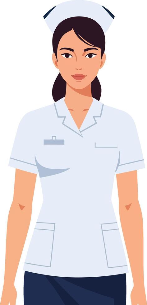 Confident female nurse in a professional uniform with a cap, showcasing a minimal design style, exuding warmth and dedication in illustration vector