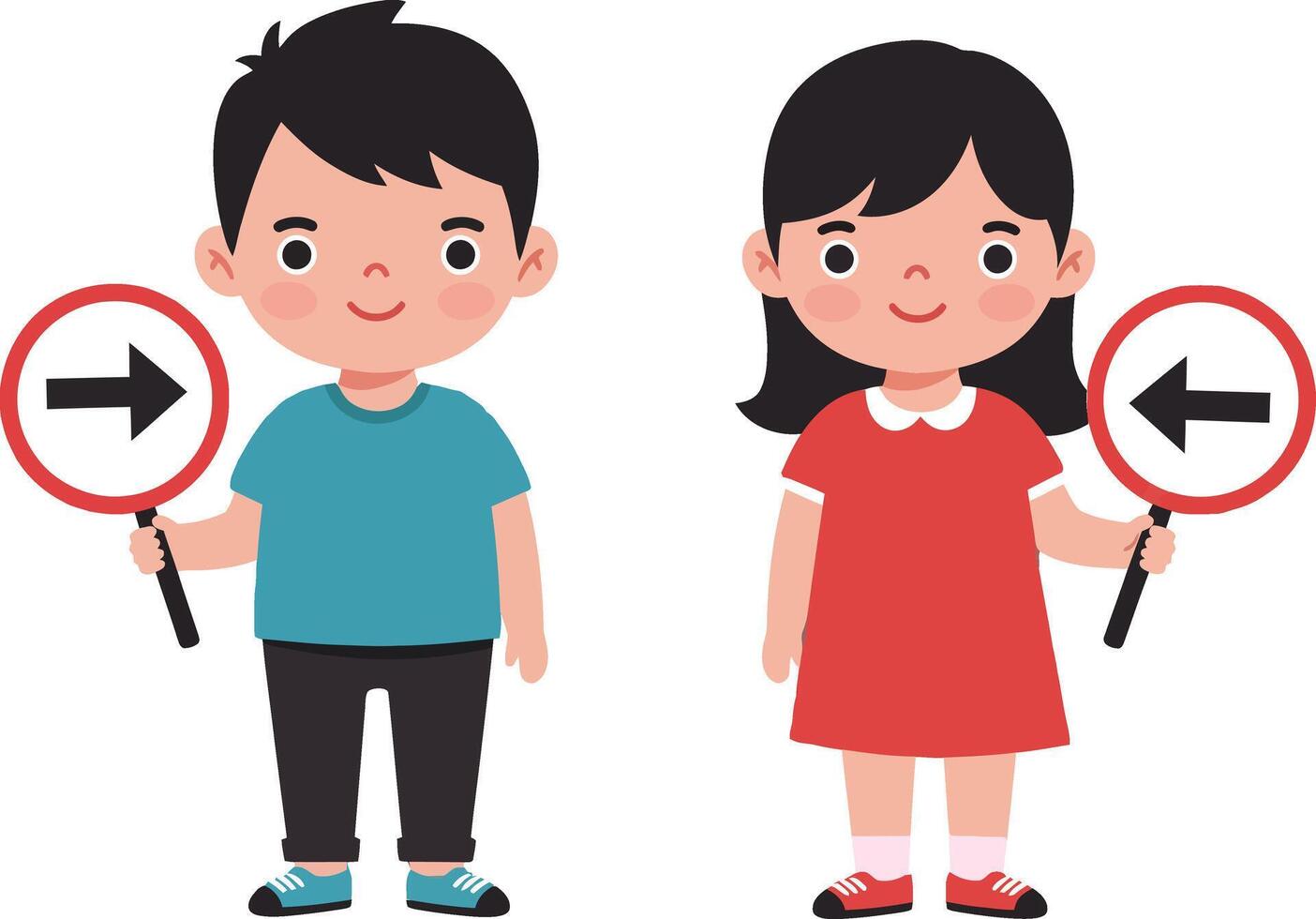 Two cheerful children holding directional signs in a flat design style showcasing playful expressions in a fun educational setting illustration vector