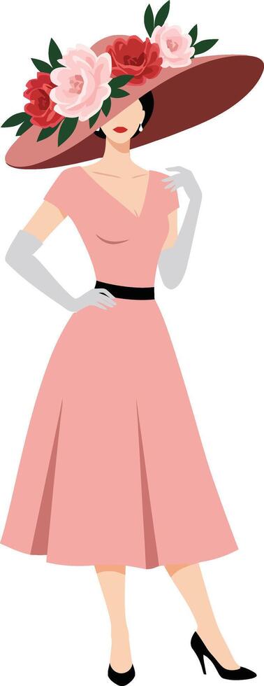Elegant woman in a pink dress with a large floral hat showcasing a minimal design style in art vector