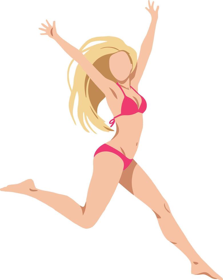 Joyful young woman in a pink bikini leaping with excitement on a sunny beach, flat illustration capturing a sense of freedom and happiness in summer art vector