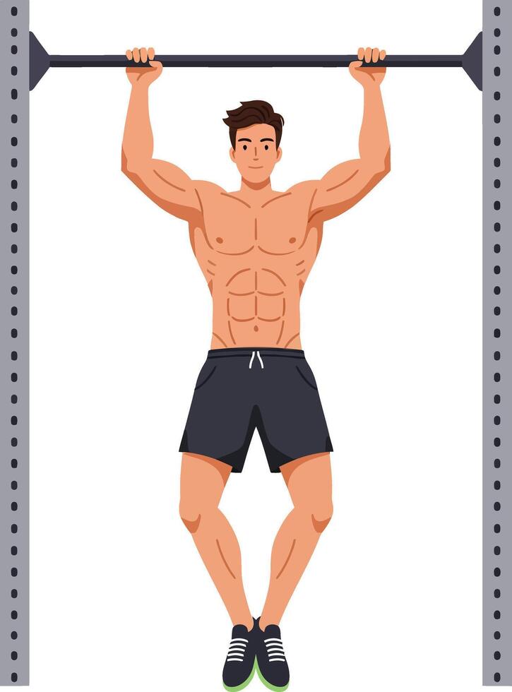 Athletic man performing pull-ups on a gym bar in a minimal flat design style, showcasing strength and fitness, illustration vector