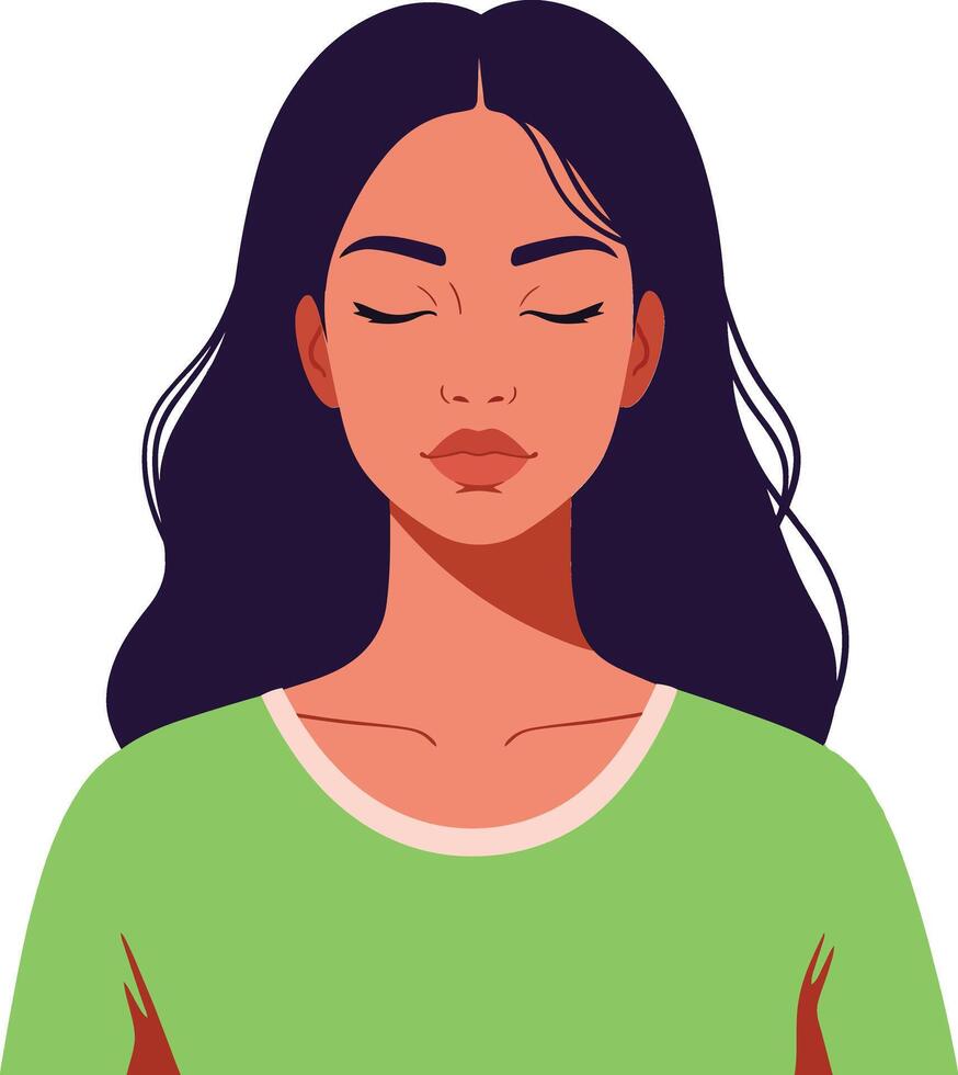 Calm young woman with closed eyes in a green shirt showcasing minimal design style in illustration vector