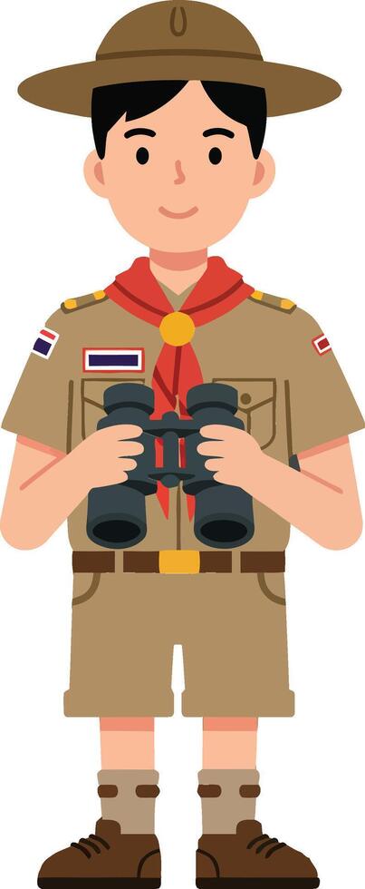 Young boy scout holding binoculars, dressed in khaki uniform with a red scarf, flat illustration showcasing adventure and exploration spirit in a cheerful atmosphere art vector