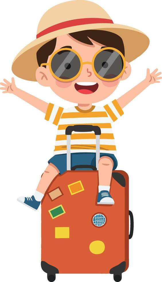 A cheerful boy wearing sunglasses and a straw hat joyfully sits on a colorful suitcase in a playful, minimal illustration vector