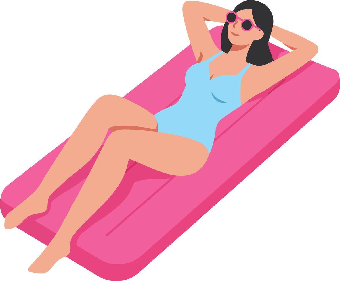 A woman relaxing on a pink float in a bright blue swimsuit under the sun, minimal illustration capturing serene summer vibes and leisure activities in art vector