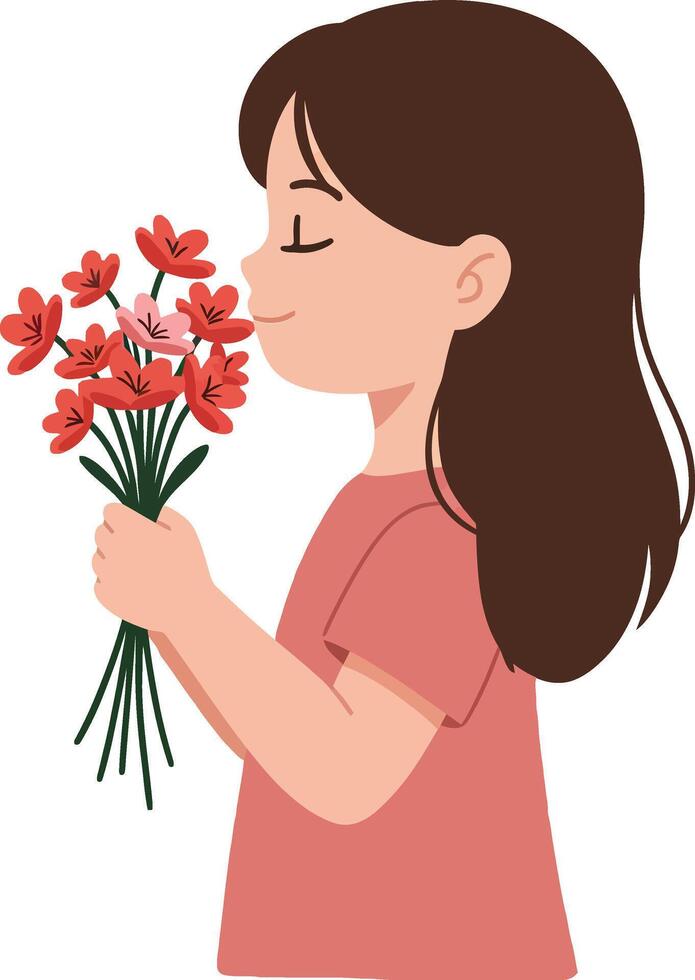 A girl with long brown hair joyfully holding a bouquet of red flowers in a minimal flat design illustration vector