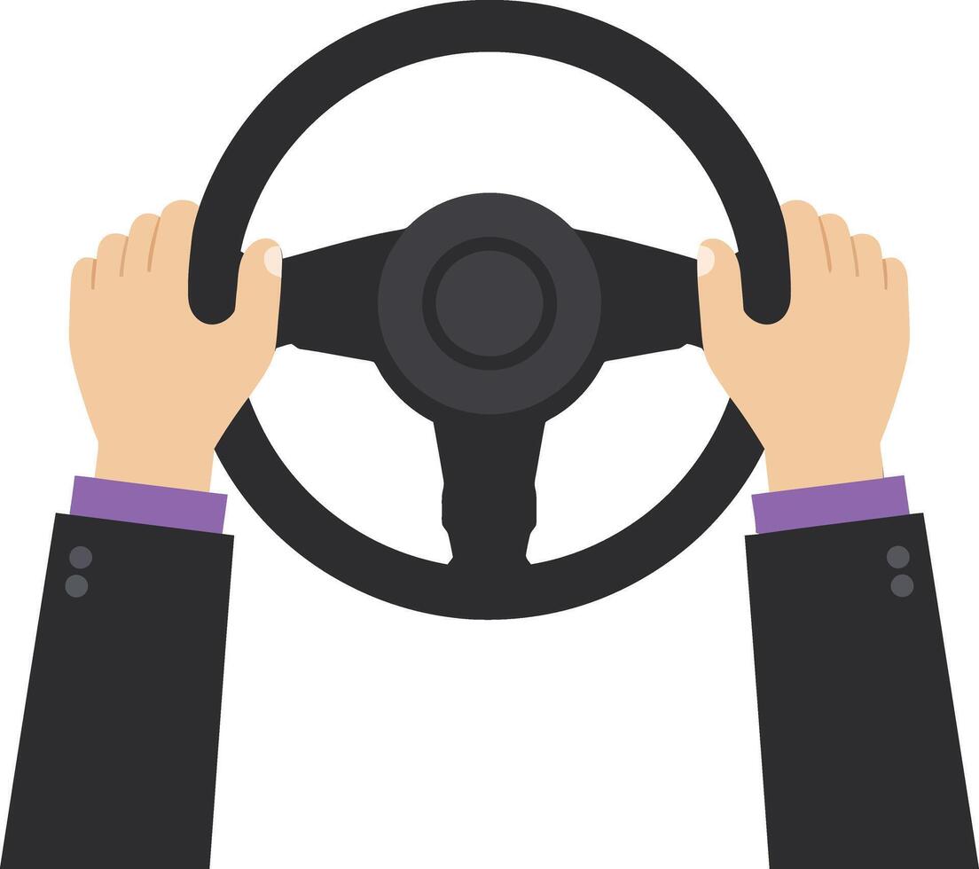 Hands gripping a steering wheel in a formal suit, showcasing focus and determination in a flat illustration vector