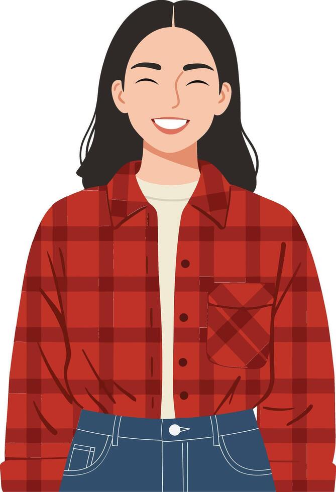 Smiling young woman wearing a red flannel shirt and blue jeans in a cheerful, minimal illustration vector