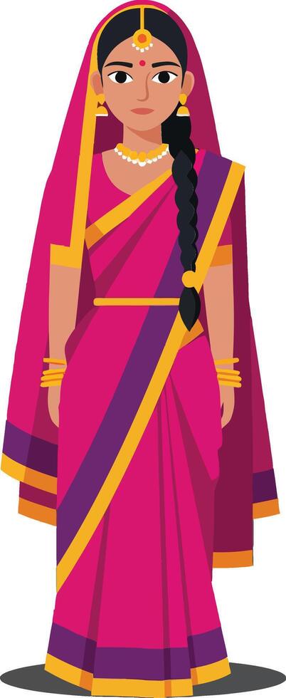 Woman in a vibrant pink saree with intricate patterns, showcasing detailed flat art, standing confidently with a serene expression, embodying cultural elegance in illustration vector
