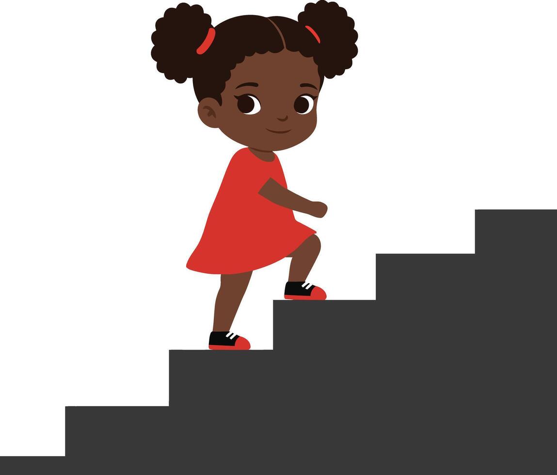 A cheerful young girl with pigtails climbing up black stairs in a minimal flat design style illustration vector