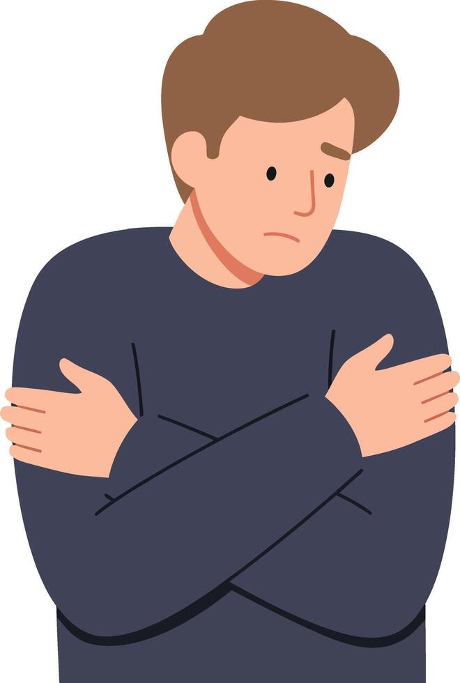 A young man with short brown hair wearing a navy sweater, appearing cold and vulnerable in flat art vector