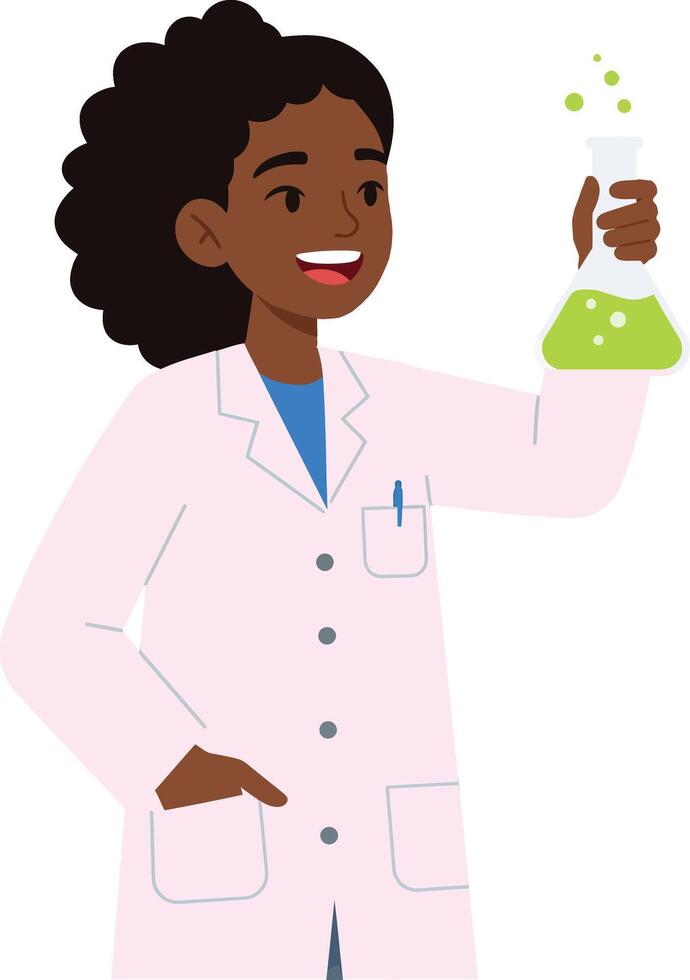 Cheerful scientist in a white lab coat holding a green flask with bubbling liquid in a flat illustration vector