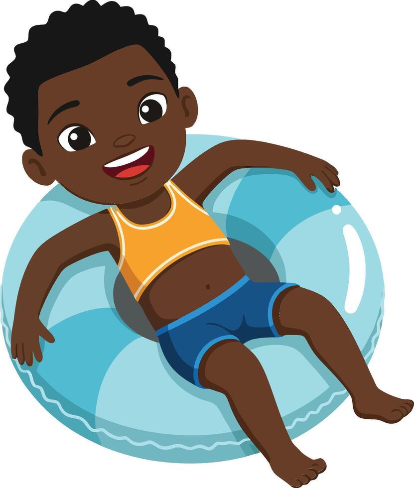A joyful child relaxing on a blue inflatable float, engaging in playful summer fun, designed in a colorful and cheerful flat illustration vector