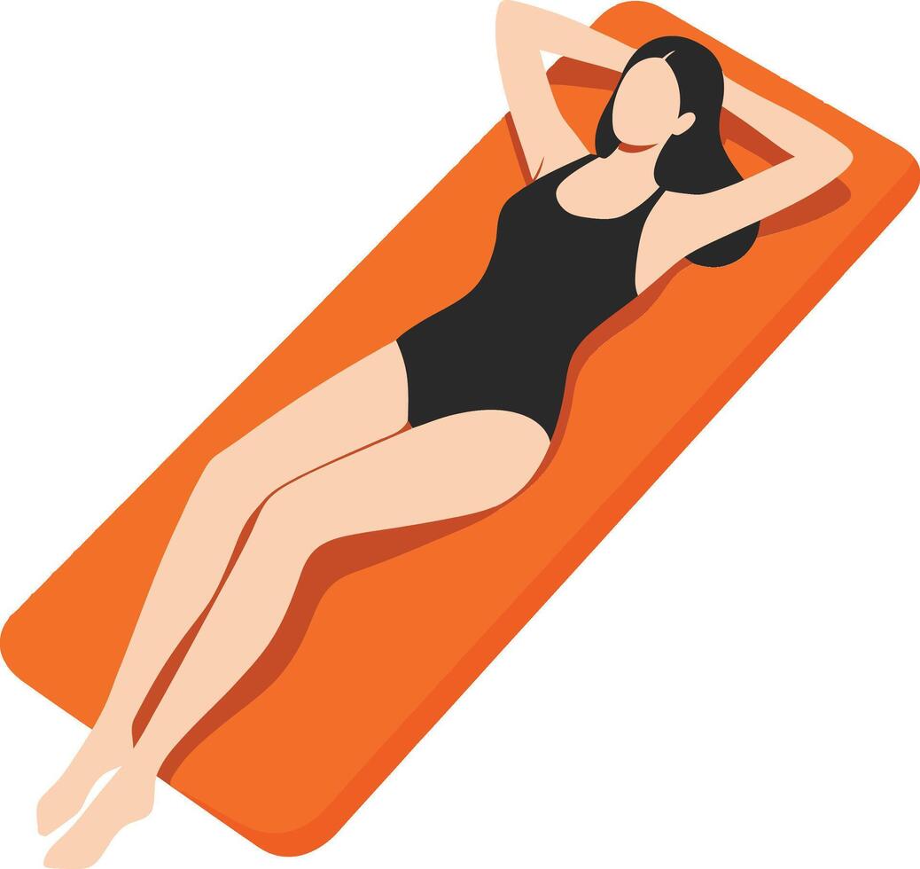 A woman relaxing on an orange sun lounger in a minimal flat design style, enjoying the sunshine, depicted as art vector