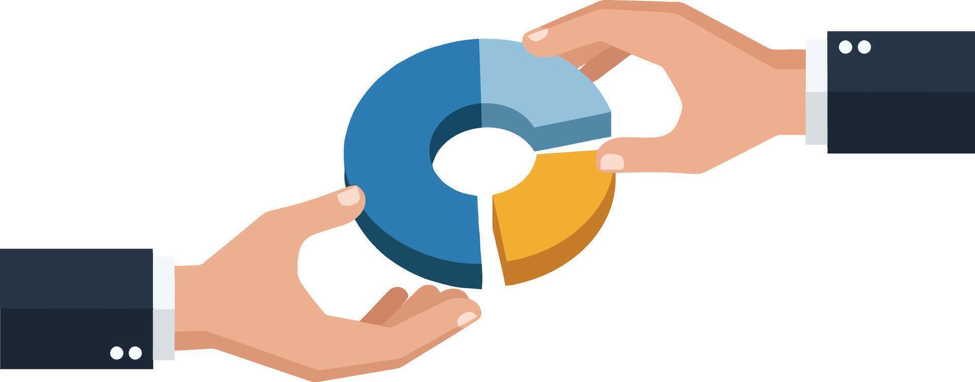 Two hands exchanging a pie chart segment in a flat design style representing collaboration and teamwork, art vector