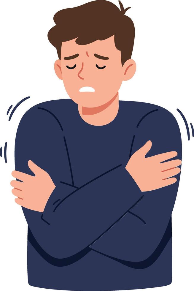 A young man with a worried expression wearing a navy sweater, feeling cold while hugging himself in a minimal illustration vector