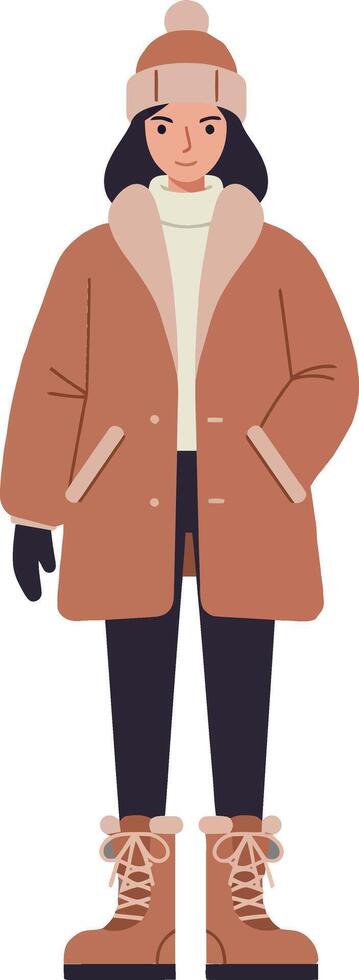 Young woman standing confidently in a brown winter coat and matching hat, showcasing a flat design style in art vector
