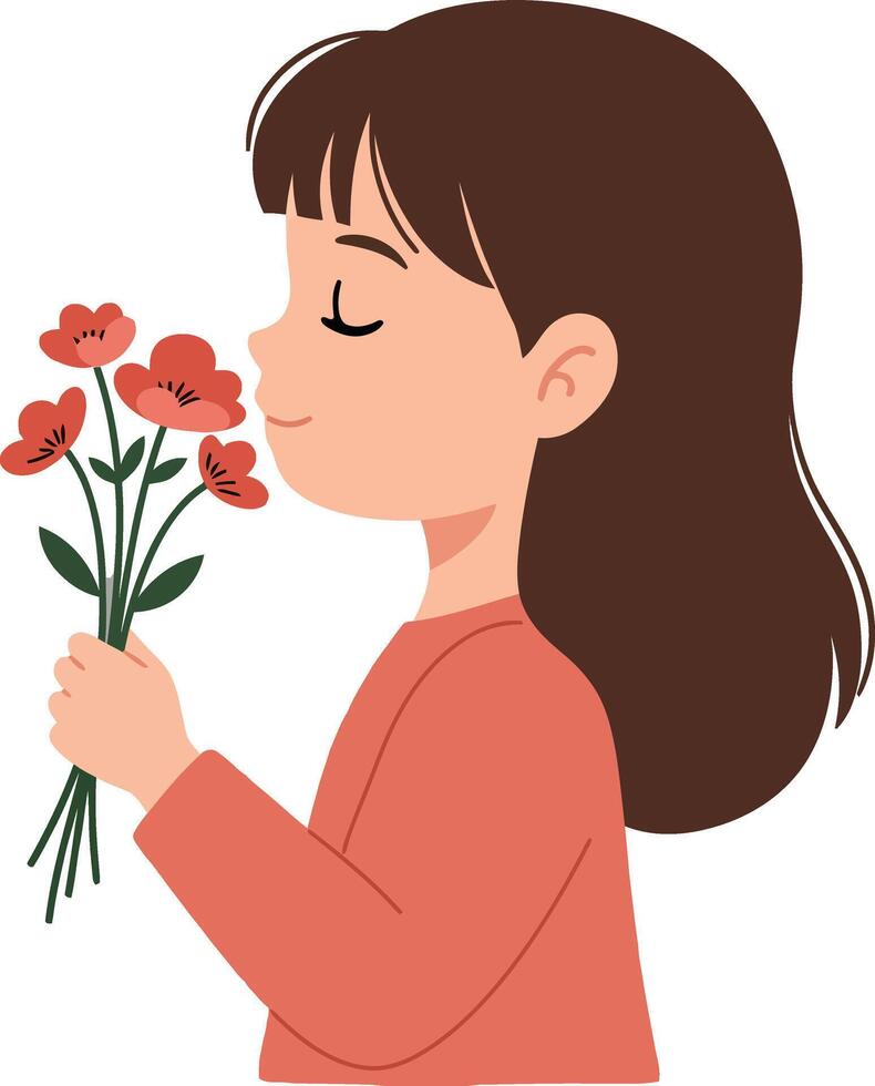 Girl holding a bouquet of red flowers in a joyful mood, flat illustration depicting nature and innocence with a light-hearted atmosphere in art vector