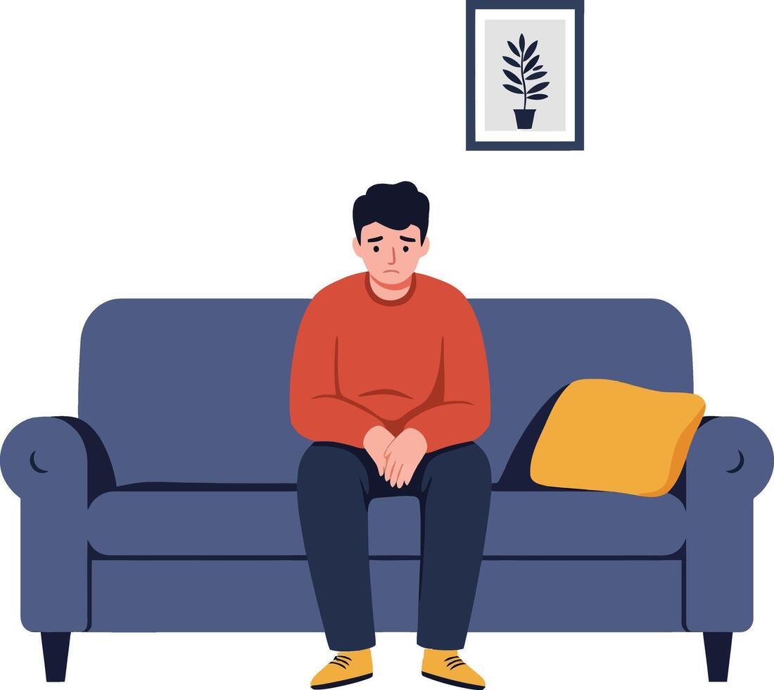 A young man sitting pensively on a blue couch in a minimal style illustration, expressing contemplation and introspection in a cozy indoor setting vector