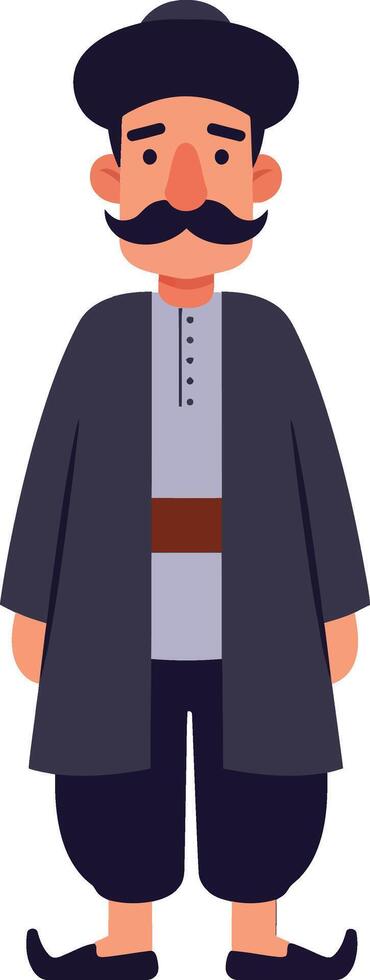 Traditional man in dark clothing with a mustache standing confidently in a flat, colorful style illustration vector