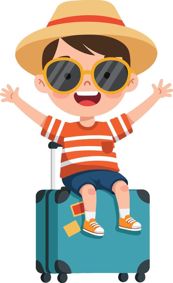 Cheerful child wearing sunglasses and a straw hat joyfully sitting on a turquoise suitcase in a playful flat illustration vector
