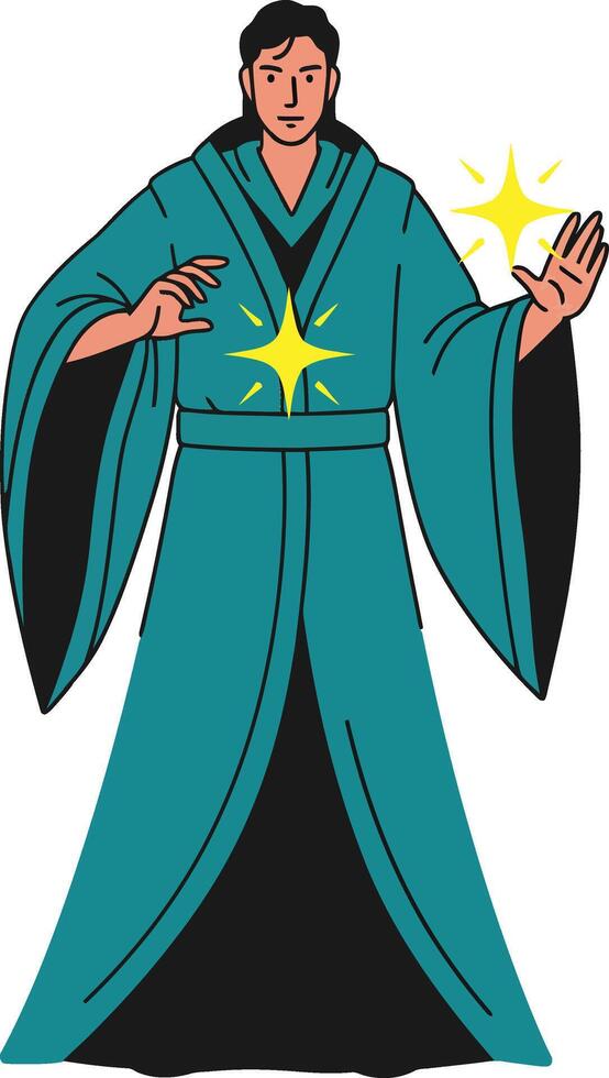 A magician in a flowing teal robe casting spells with shimmering stars, detailed illustration showcasing enchanting energy and mystique in a whimsical atmosphere vector