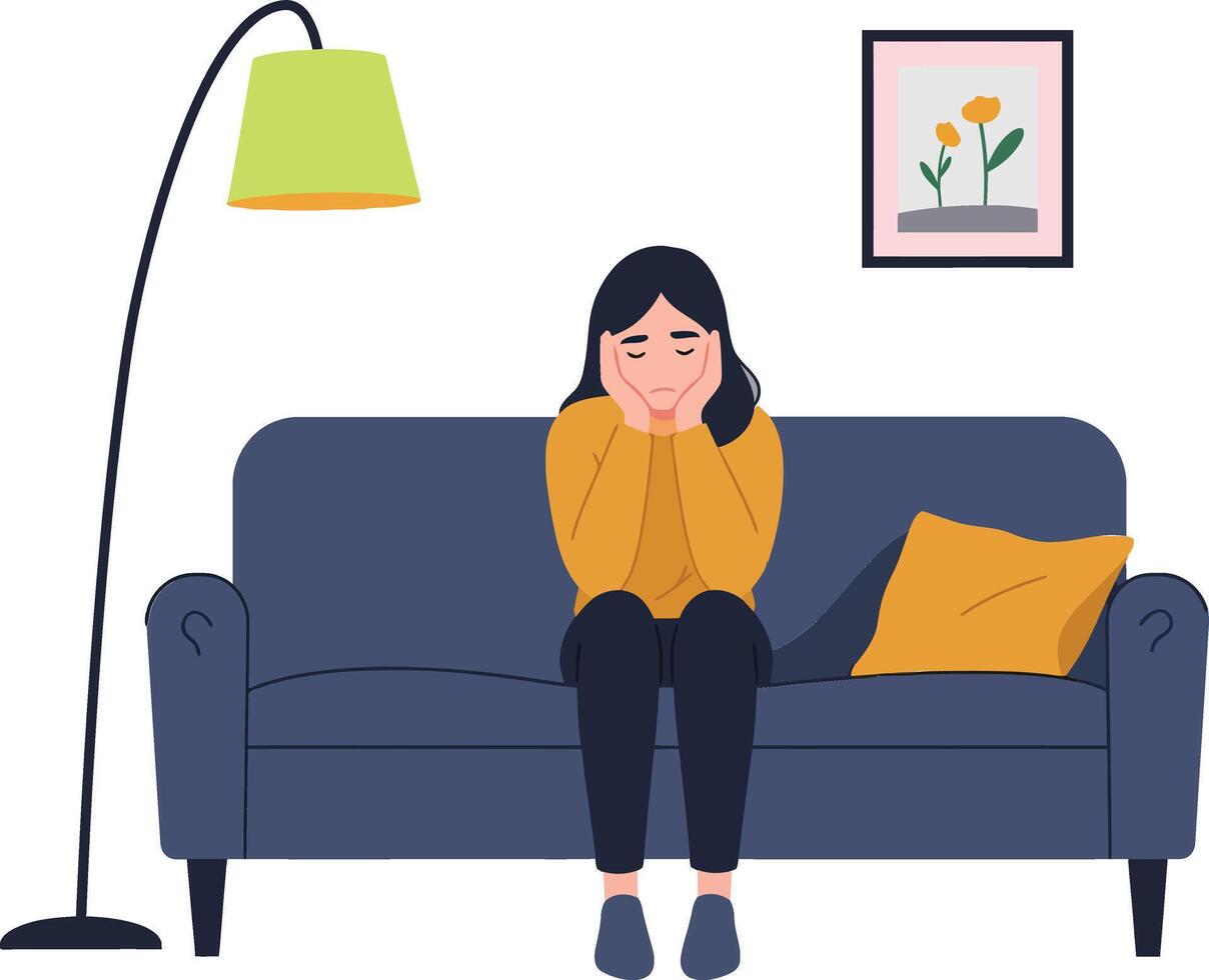 A woman sitting on a blue couch with hands on her face in a minimal, flat design style illustration representing contemplation and emotional reflection in a cozy setting vector