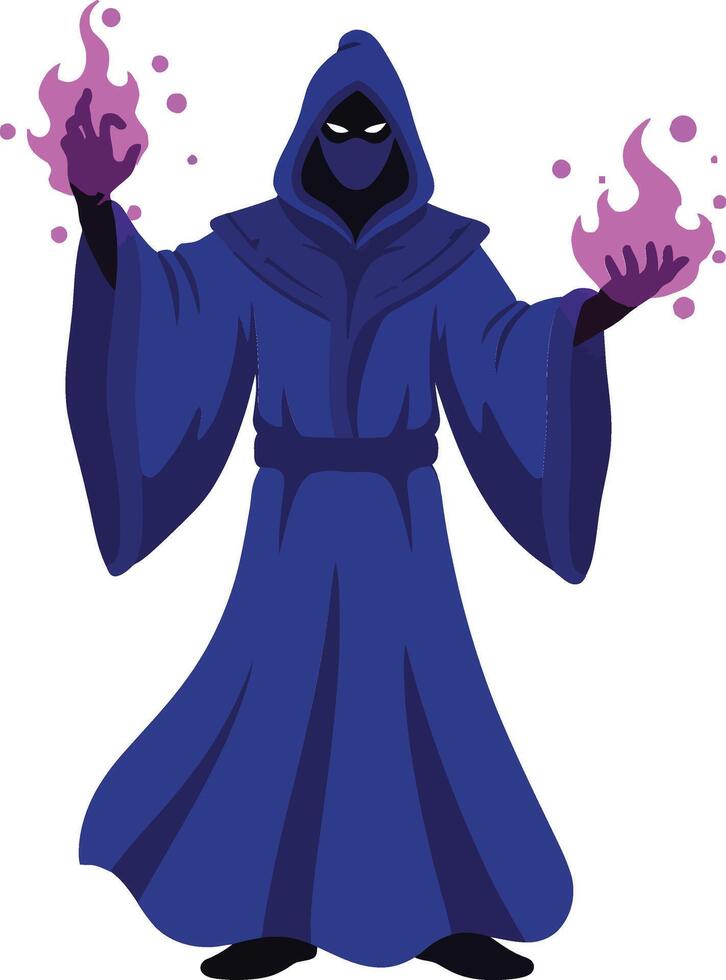Mysterious hooded figure conjuring purple flames with a dramatic presence in a flat art style vector