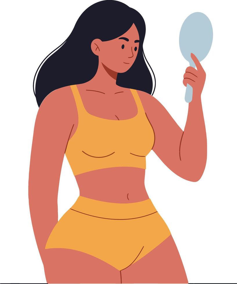 A confident woman examining her reflection in a handheld mirror while wearing a stylish yellow outfit in a flat illustration vector