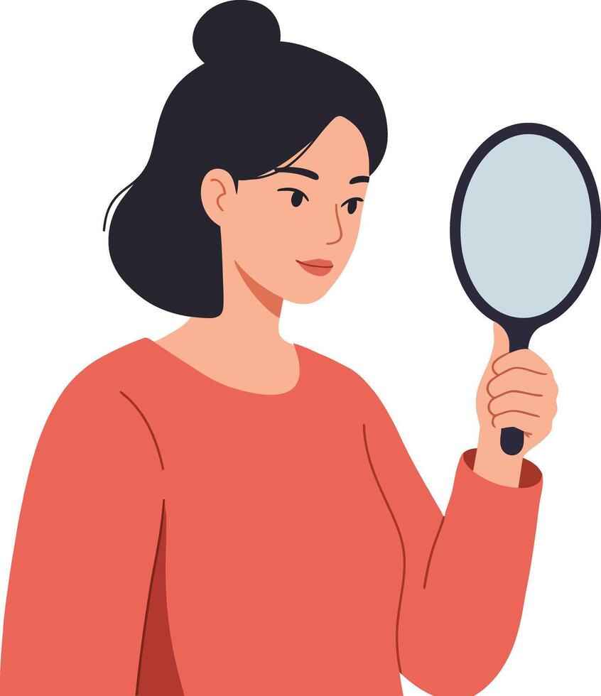 A woman with dark hair holding a round mirror, reflecting self-examination in a minimal and modern design style, art vector