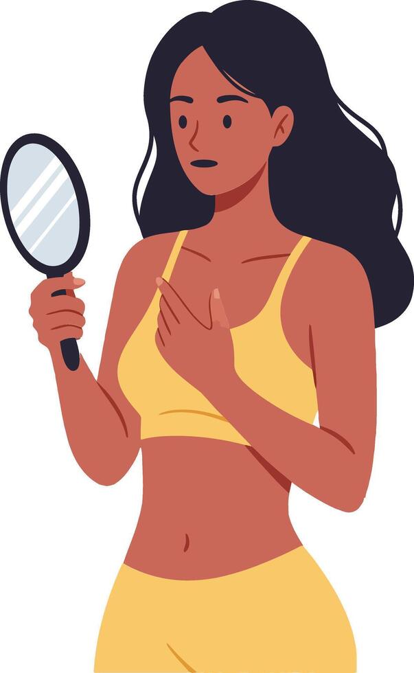 A woman with long hair wearing a yellow sports top examining her reflection in a hand mirror, showcasing a minimal and modern design style in illustration vector
