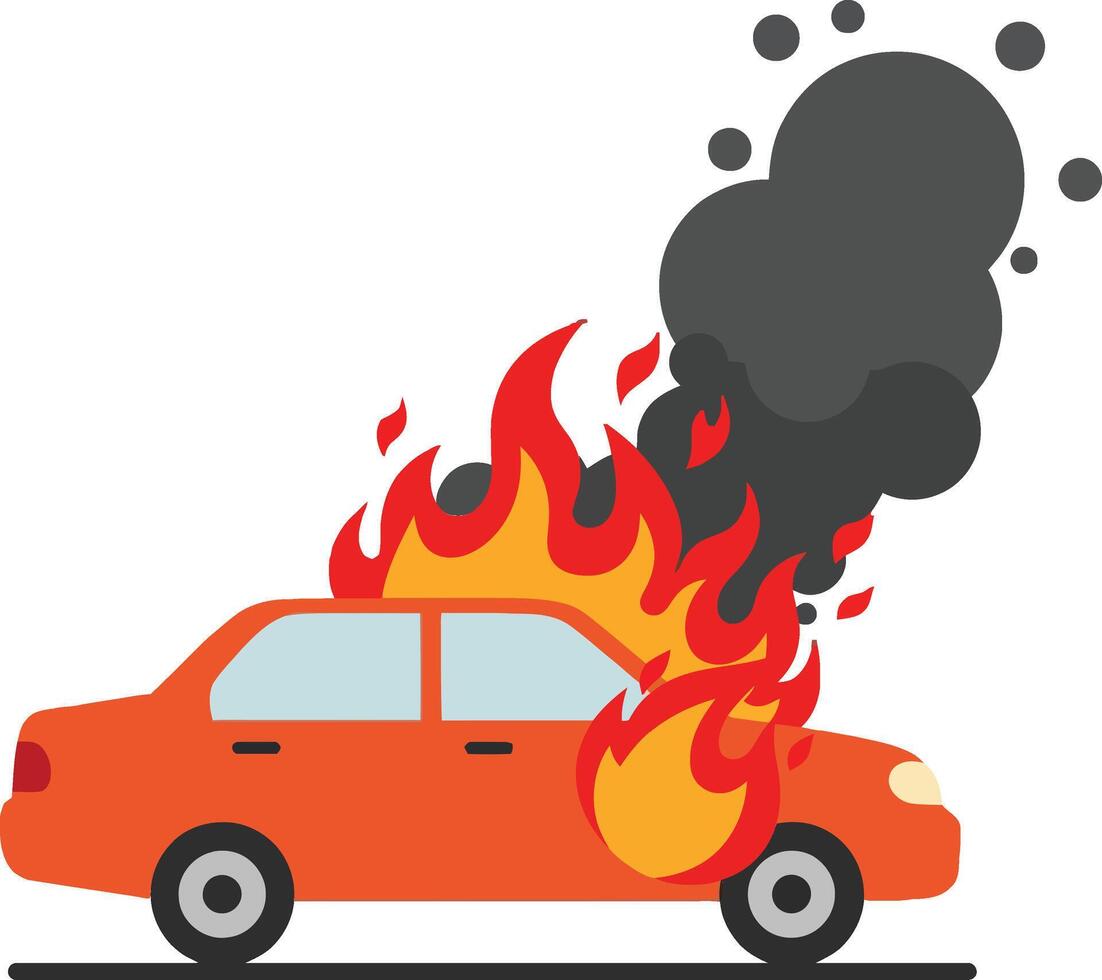 A bright orange car engulfed in flames with thick black smoke rising in a flat, minimal design illustration vector