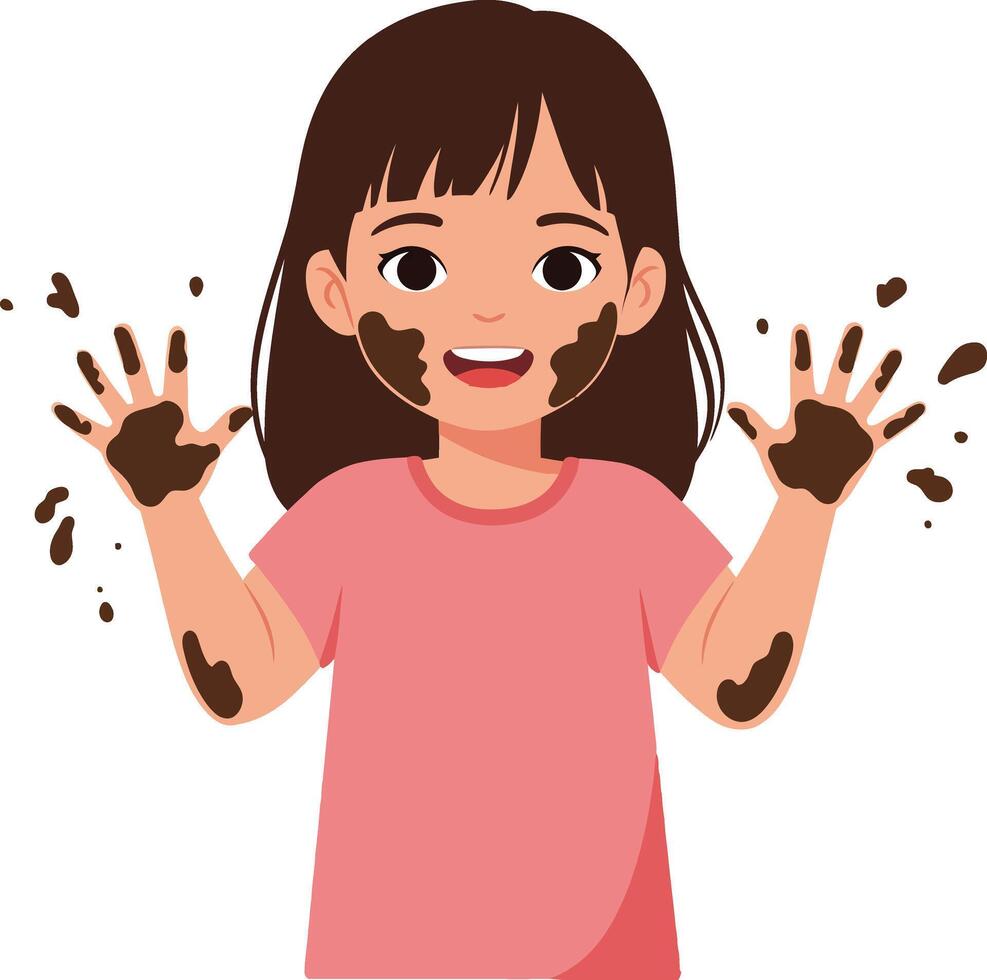 Cheerful girl with chocolate-covered hands smiling joyfully in a playful and vibrant flat illustration vector