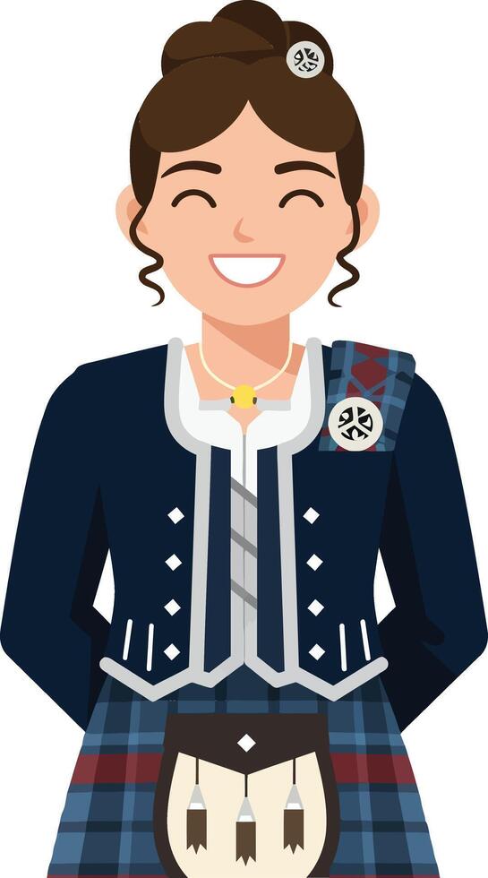 Happy young woman in traditional Scottish attire with a blue jacket and plaid skirt smiling warmly in a cheerful, flat illustration vector