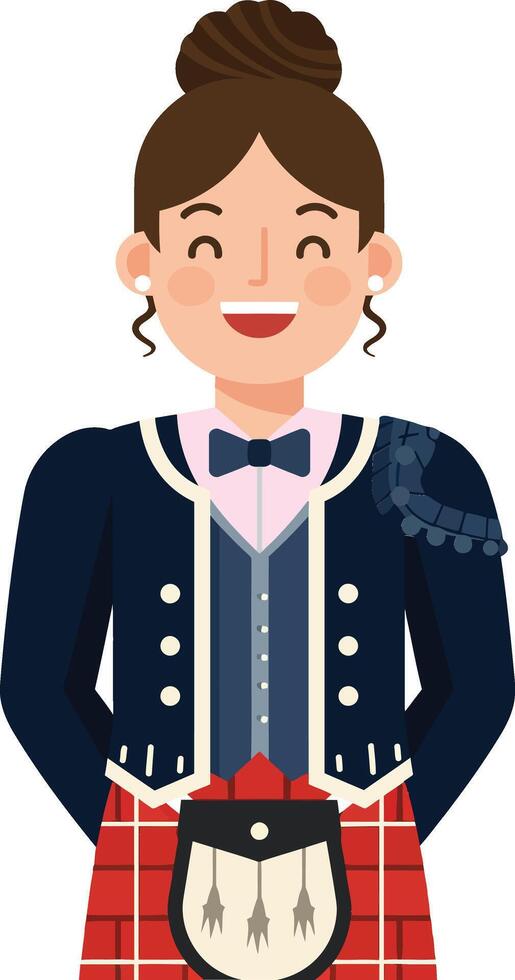 Cheerful woman in traditional Scottish attire, wearing a kilt and jacket, smiling warmly, flat illustration of cultural celebration vector